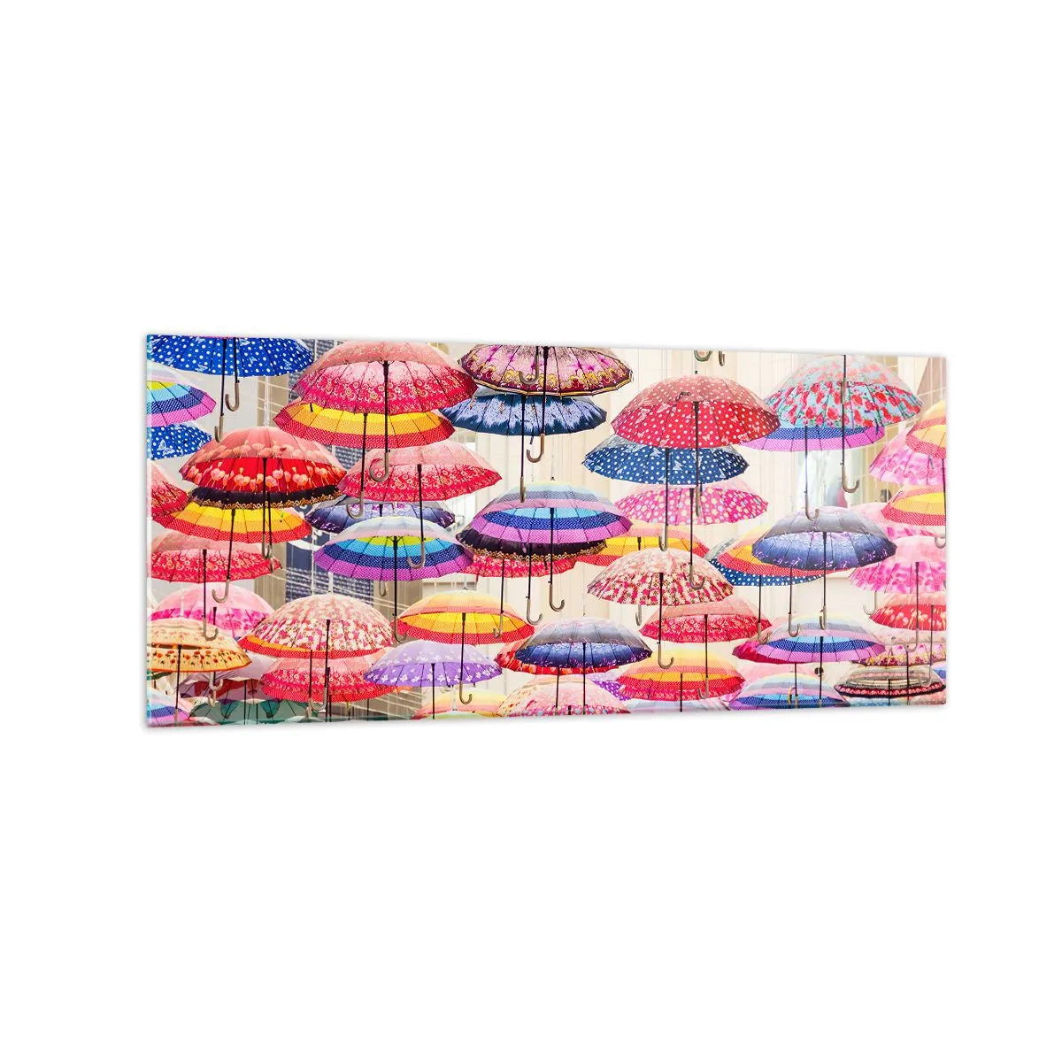 Impression sur verre - Image sur verre - Parapluies colorés suspendus dans les airs - 120x50cm - Prairie de la ville - Décoration murale moderne pour le salon et la chambre ARTTOR