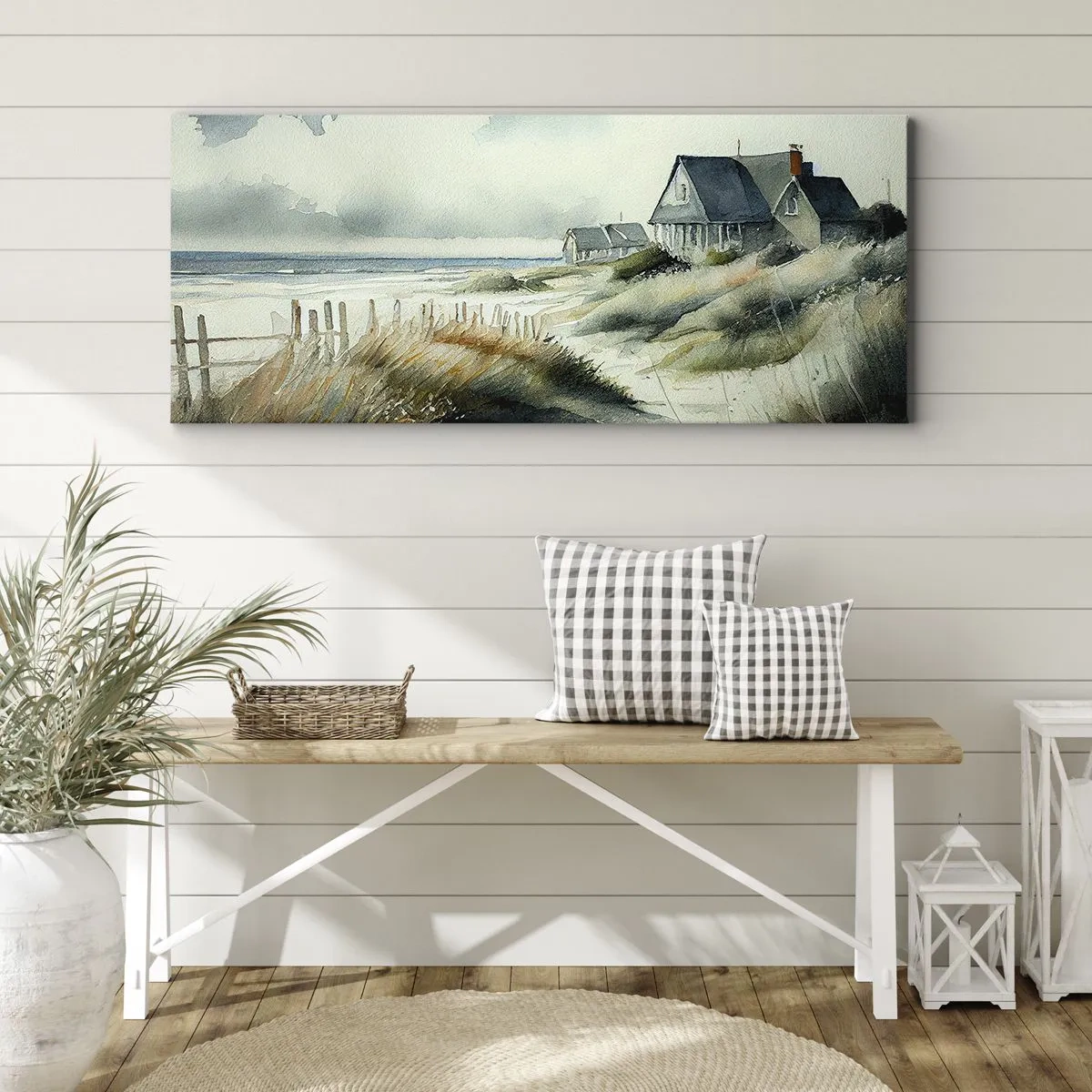 Impression sur toile - Image sur toile - Une maison de bord de mer entourée d'herbe et surplombant la mer - 140x50cm - Loin de l'agitation - Décoration murale moderne pour le salon et la chambre ARTTOR