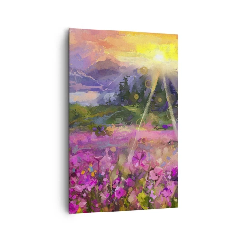 Impression sur toile - Image sur toile - Une prairie pittoresque sous les rayons du soleil couchant - 80x120cm - Dans la vallée à l'abri du soleil - Décoration murale moderne pour le salon et la chambre ARTTOR