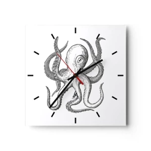 Horloge murale - Pendule murale - Dessin noir et blanc d'une pieuvre sur fond blanc dans un style vintage - 30x30cm - Dansant avec les vagues - Décoration murale moderne pour le salon et la chambre ARTTOR
