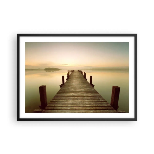 Affiche dans un cadre noir - Poster - Une jetée en bois sur un lac calme le matin - 70x50cm - L'aube, les premières lueurs, le jour - Décoration murale moderne pour le salon et la chambre ARTTOR