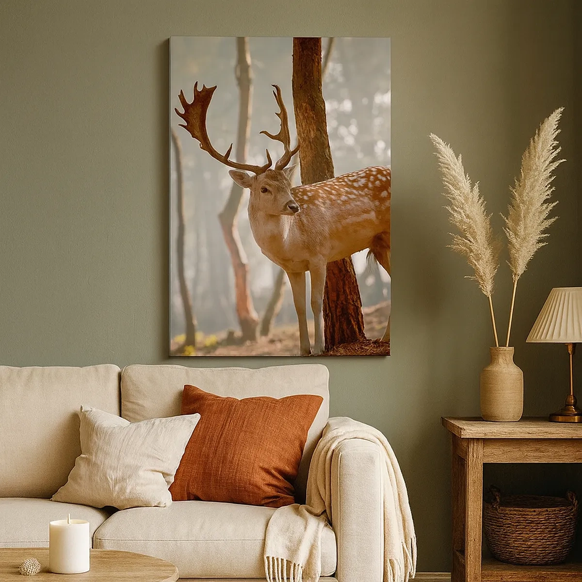 Impression sur toile - Image sur toile - Cerf dans la forêt dans le brouillard du matin - 50x70cm - La lumière de la jeunesse - Décoration murale moderne pour le salon et la chambre ARTTOR