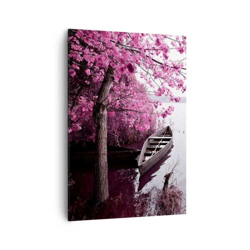 Impression sur toile - Image sur toile - Un bateau au bord d'un lac parmi des arbres roses - 70x100cm - Dans un silence rose - Décoration murale moderne pour le salon et la chambre ARTTOR