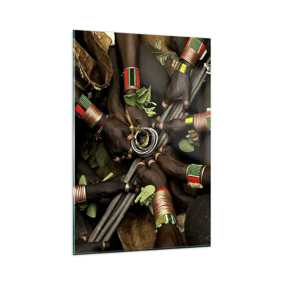 Impression sur verre - Image sur verre - Bracelets de main traditionnels dans un groupe de mains - 80x120cm - Nous sommes ensemble - Décoration murale moderne pour le salon et la chambre ARTTOR