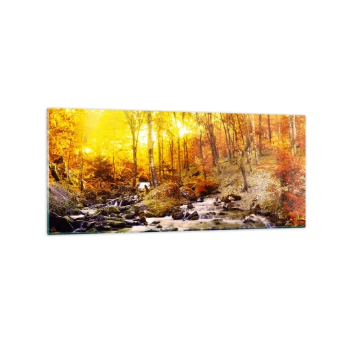 Impression sur verre - Image sur verre - Forêt d'automne avec un ruisseau parmi les feuilles dorées - 120x50cm - Pierres serties d'or et de platine - Décoration murale moderne pour le salon et la chambre ARTTOR