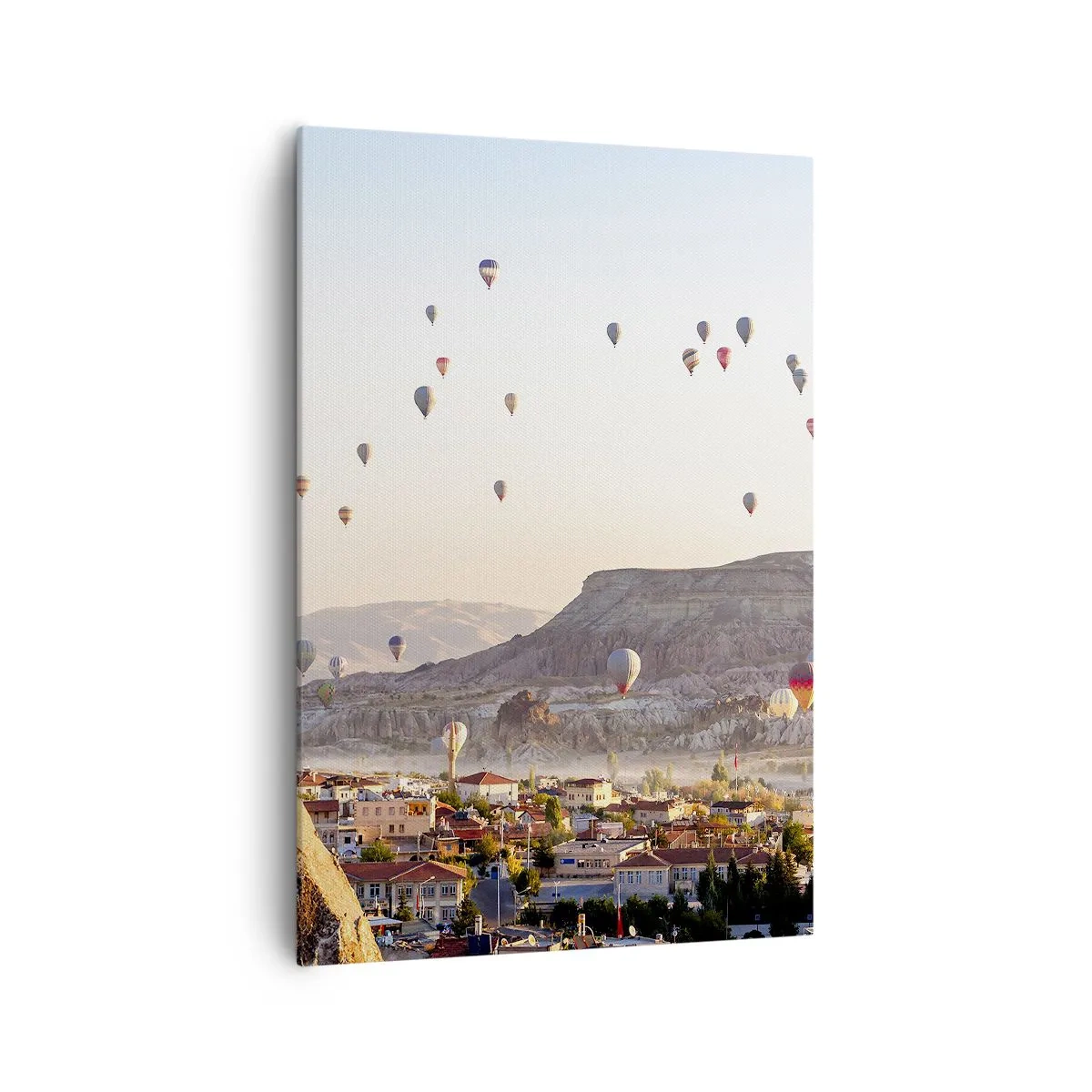 Impression sur toile - Image sur toile - Cappadoce avec des ballons sur fond de collines pittoresques - 70x100cm - Comme des navires dans le ciel - Décoration murale moderne pour le salon et la chambre ARTTOR