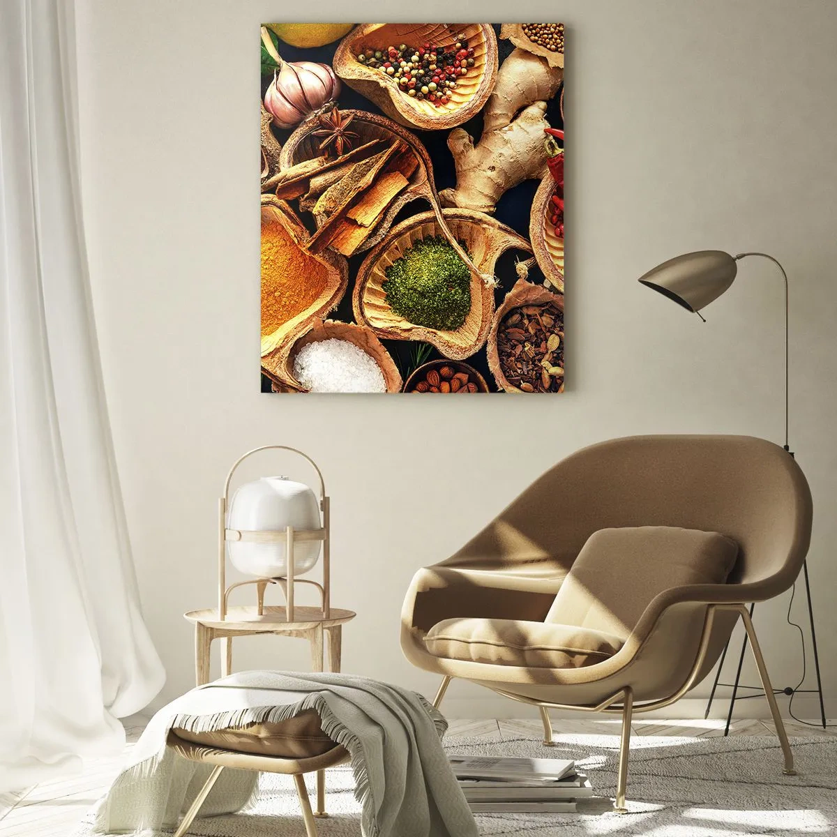Impression sur verre - Image sur verre - Épices colorées dans des contenants naturels avec additifs - 50x70cm - Prends ce que tu veux - Décoration murale moderne pour le salon et la chambre ARTTOR