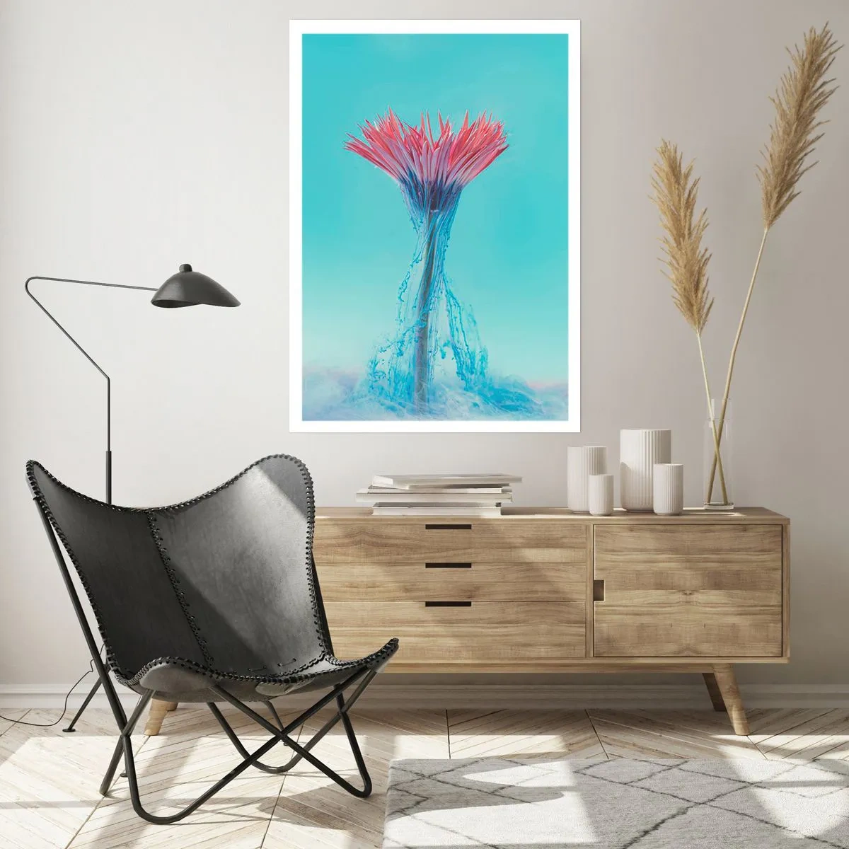 Affiche - Poster - Une fleur entourée de ruisseaux colorés sur un fond pastel - 50x70cm - Dans une étreinte vivifiante - Décoration murale moderne pour le salon et la chambre ARTTOR
