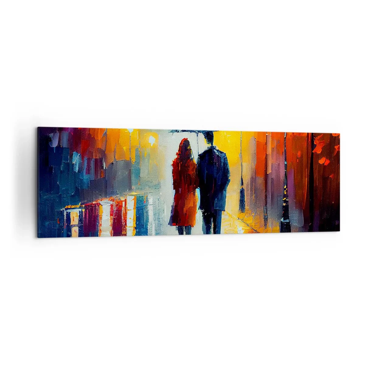 Impression sur toile - Image sur toile - Un couple sous un parapluie se promenant dans une ville nocturne colorée - 160x50cm - Ensemble – une nuit colorée - Décoration murale moderne pour le salon et la chambre ARTTOR