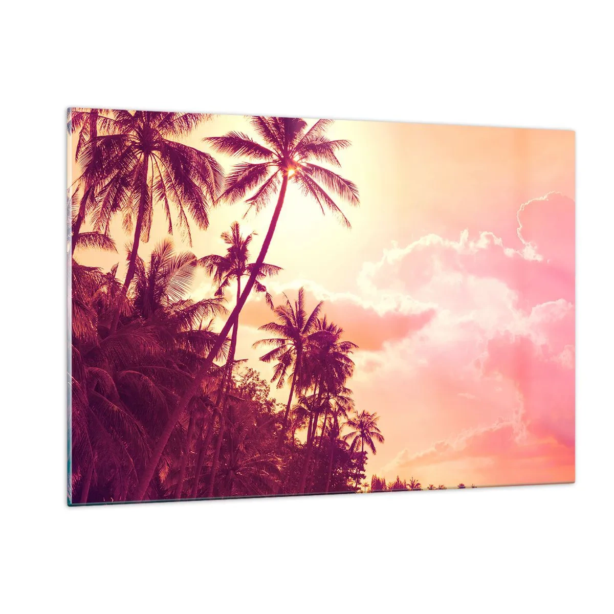 Impression sur verre - Image sur verre - Palmiers tropicaux à la lumière du soleil couchant sur un ciel rose - 120x80cm - Tu dois choisir - Décoration murale moderne pour le salon et la chambre ARTTOR