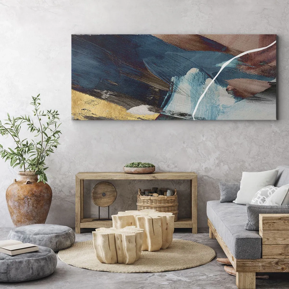 Impression sur toile - Image sur toile - Coups de pinceau abstraits dans des tons de bleu et d'or - 160x50cm - Avec panache et énergie - Décoration murale moderne pour le salon et la chambre ARTTOR