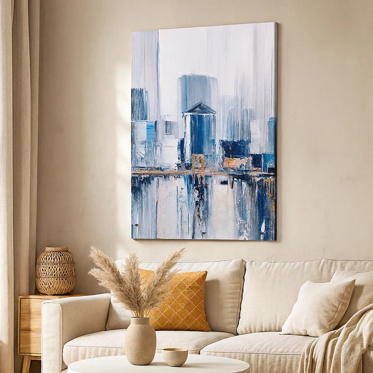 Impression sur toile - Image sur toile - Panorama urbain abstrait avec des nuances de bleu et de jaune - 50x70cm - Impression new-yorkaise - Décoration murale moderne pour le salon et la chambre ARTTOR