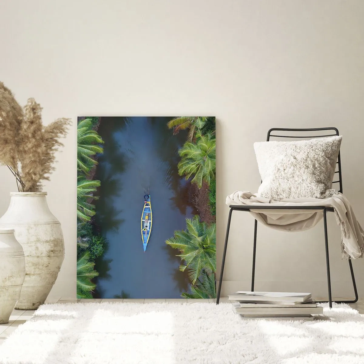 Impression sur verre - Image sur verre - Vue aérienne d'un bateau sur une rivière entourée de palmiers - 80x120cm - Sur un sentier tropical - Décoration murale moderne pour le salon et la chambre ARTTOR
