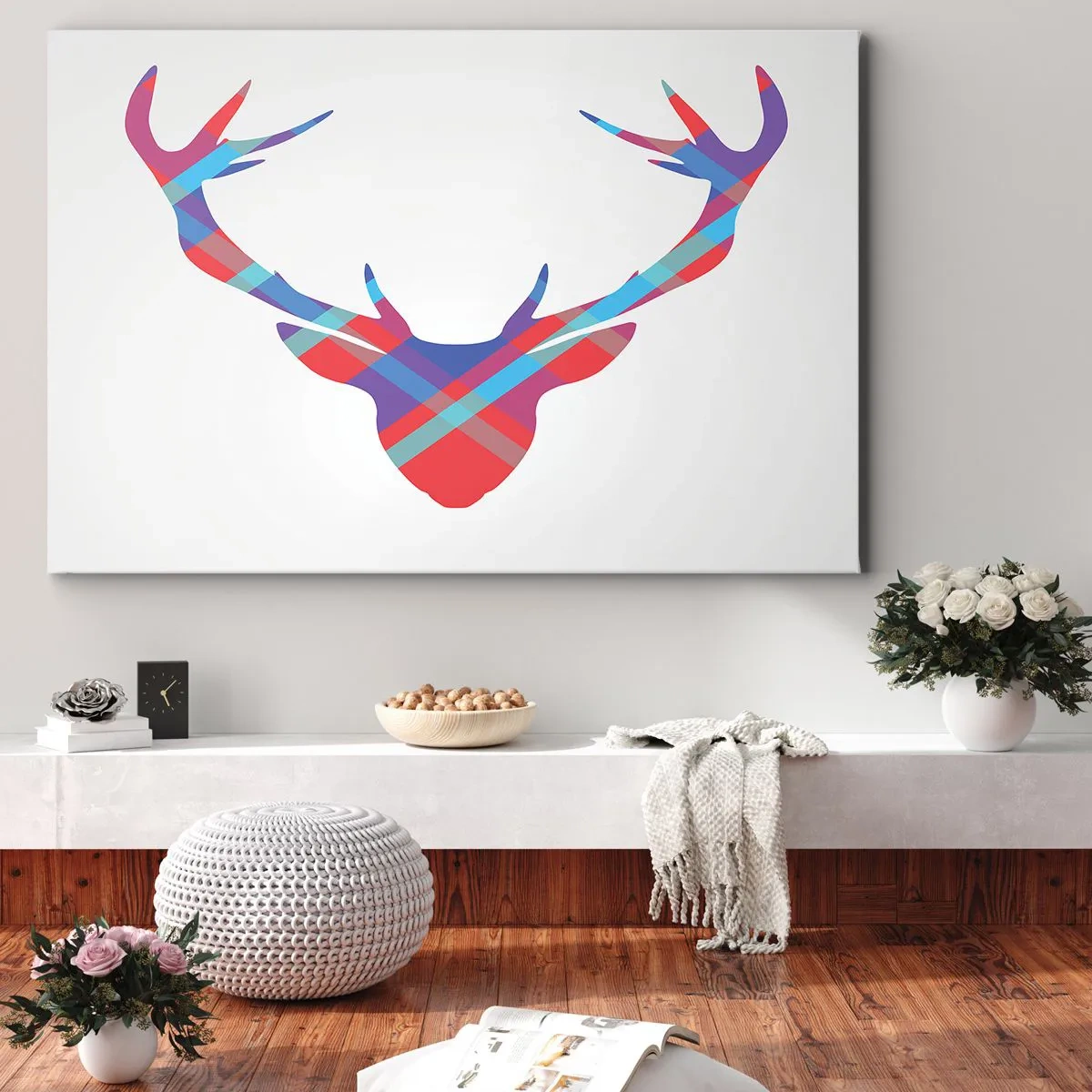 Impression sur toile - Image sur toile - Image géométrique d'un cerf sur fond clair - 100x70cm - Cerf écossais - Décoration murale moderne pour le salon et la chambre ARTTOR