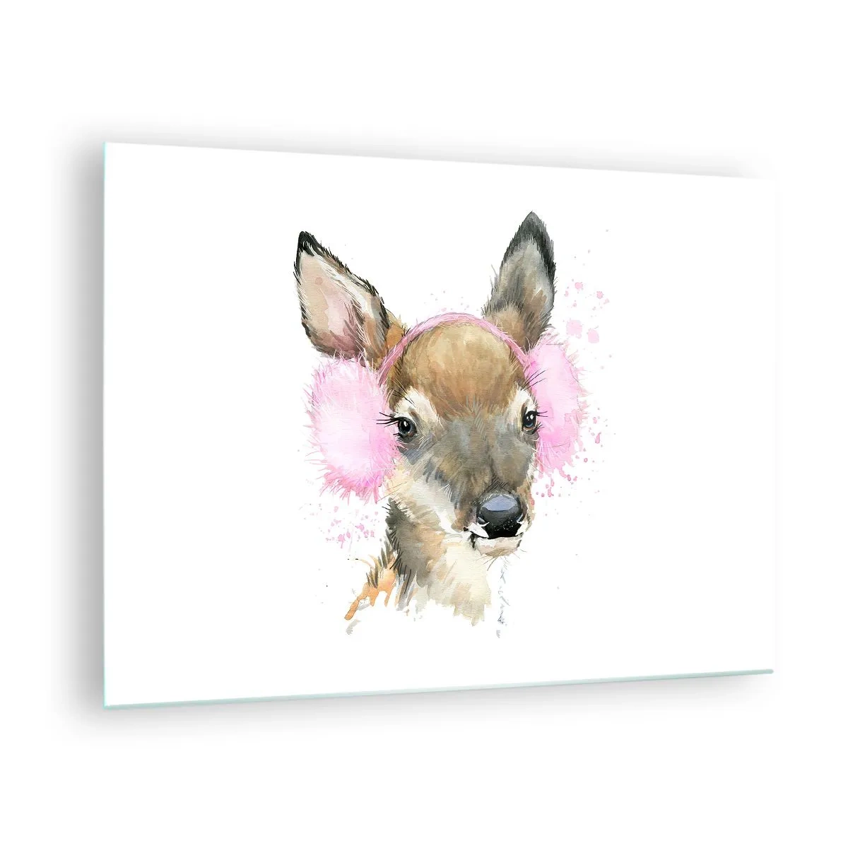 Impression sur verre - Image sur verre - Un cerf avec des cache-oreilles en fourrure rose - 70x50cm - Et le gel n'effraie plus - Décoration murale moderne pour le salon et la chambre ARTTOR