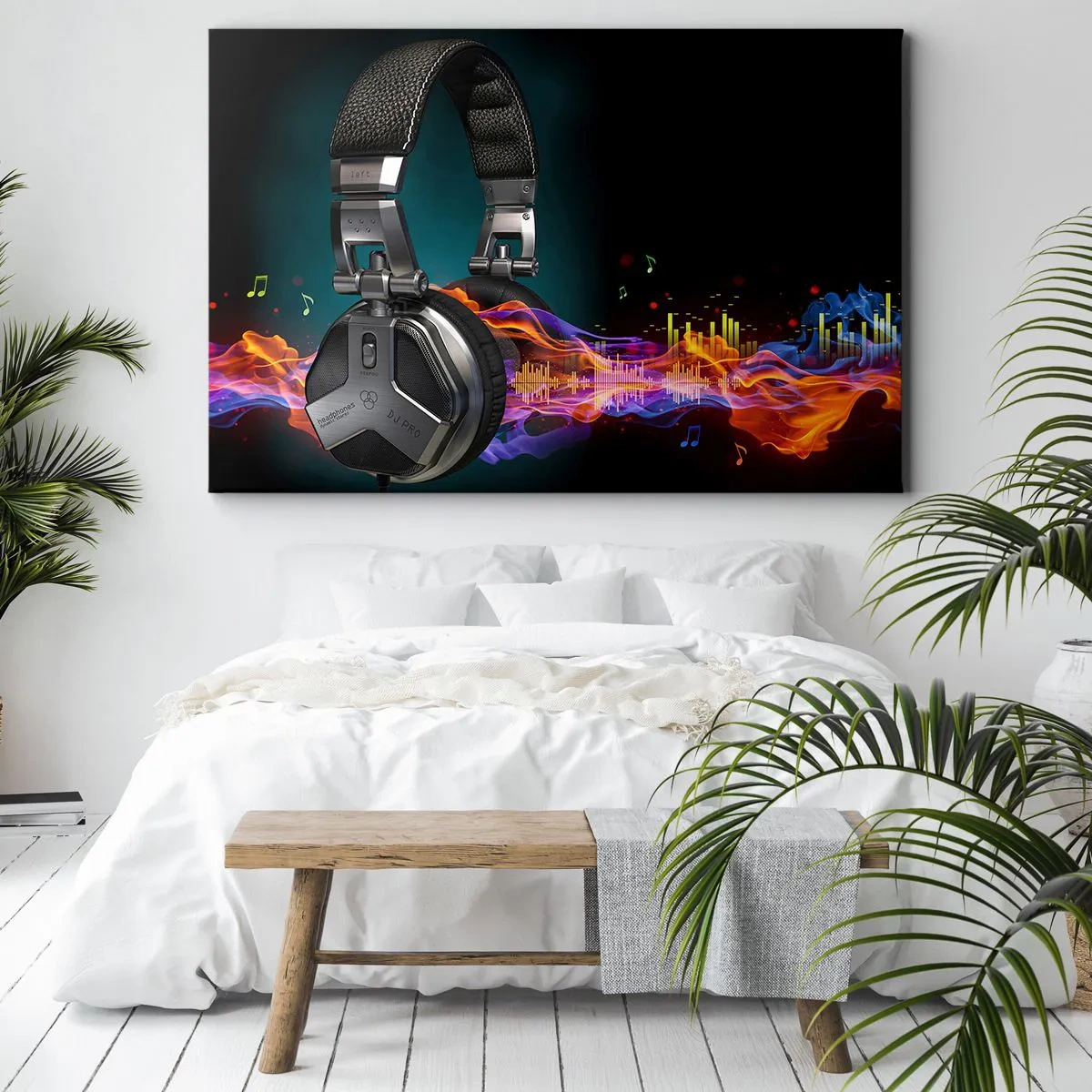 Impression sur toile - Image sur toile - Casque noir avec effet de visualisation musicale colorée - 120x80cm - Dans le feu de la musique - Décoration murale moderne pour le salon et la chambre ARTTOR