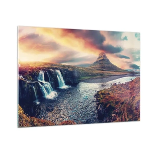 Impression sur verre - Image sur verre - Cascade et montagne au coucher du soleil dans un paysage islandais - 100x70cm - Dans la majesté de la nature - Décoration murale moderne pour le salon et la chambre ARTTOR