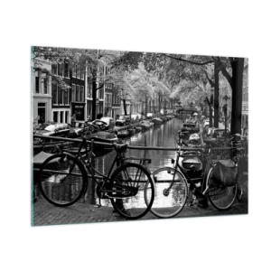 Impression sur verre - Image sur verre - Vue en noir et blanc d'un canal avec des vélos et des bateaux - 100x70cm - Une vue très hollandaise - Décoration murale moderne pour le salon et la chambre ARTTOR