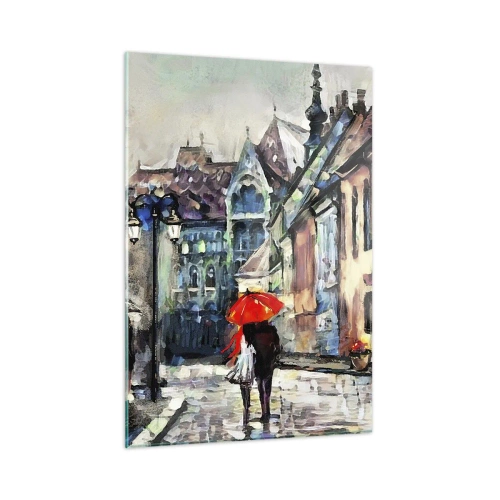 Impression sur verre - Image sur verre - Un couple sous un parapluie rouge se promenant dans une rue pittoresque - 50x70cm - Pluie pour deux - Décoration murale moderne pour le salon et la chambre ARTTOR