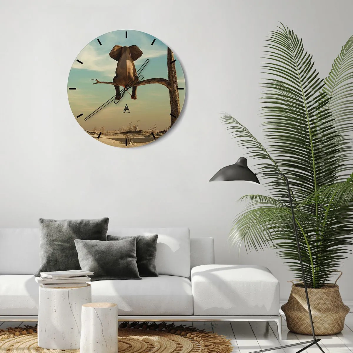 Horloge murale - Pendule murale - Un éléphant assis sur la branche d'un arbre solitaire contre le ciel - 30x30cm - Nouveau point de vue - Décoration murale moderne pour le salon, la cuisine et la chambre ARTTOR