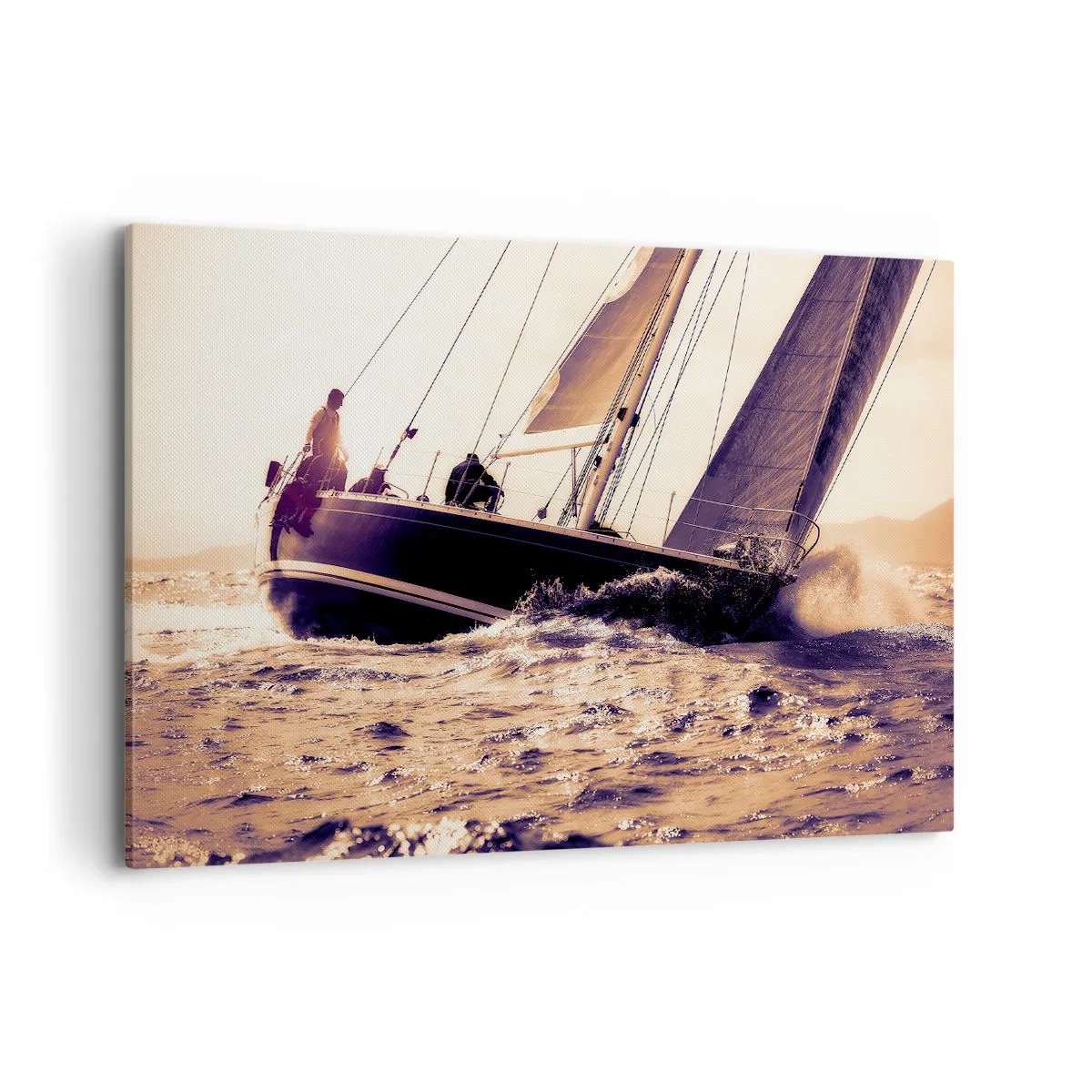 Impression sur toile - Image sur toile - Un yacht sur une mer agitée à la lumière du soleil couchant - 100x70cm - Navigue, marin - Décoration murale moderne pour le salon et la chambre ARTTOR