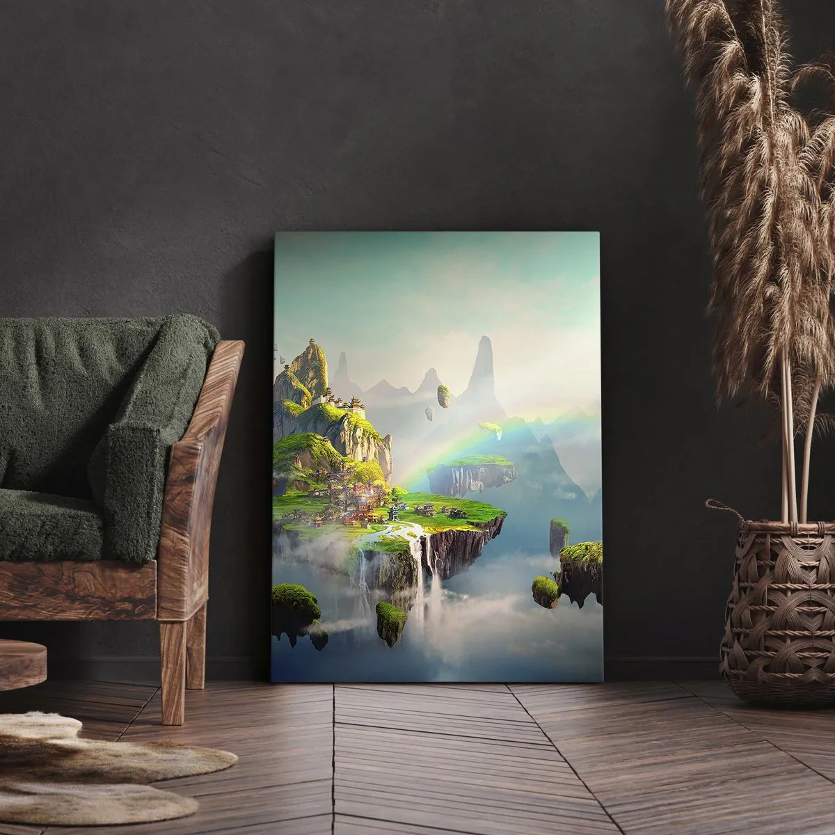 Impression sur toile - Image sur toile - Des îles volantes parmi les nuages avec un arc-en-ciel à l'horizon - 50x70cm - Au milieu des cieux - îles du bonheur - Décoration murale moderne pour le salon et la chambre ARTTOR
