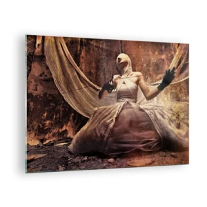 Impression sur verre - Image sur verre - Une figure de femme dans un décor artistique avec des tissus - 70x50cm - Déesse du destin - Décoration murale moderne pour le salon et la chambre ARTTOR