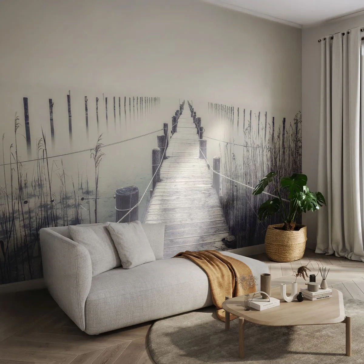 Papier Peint Photo Premium Sand - Une jetée en bois dans le brouillard au-dessus d'un lac calme - 100x70cm - Plongez dans la paix - Décoration murale moderne pour le salon et la chambre ARTTOR