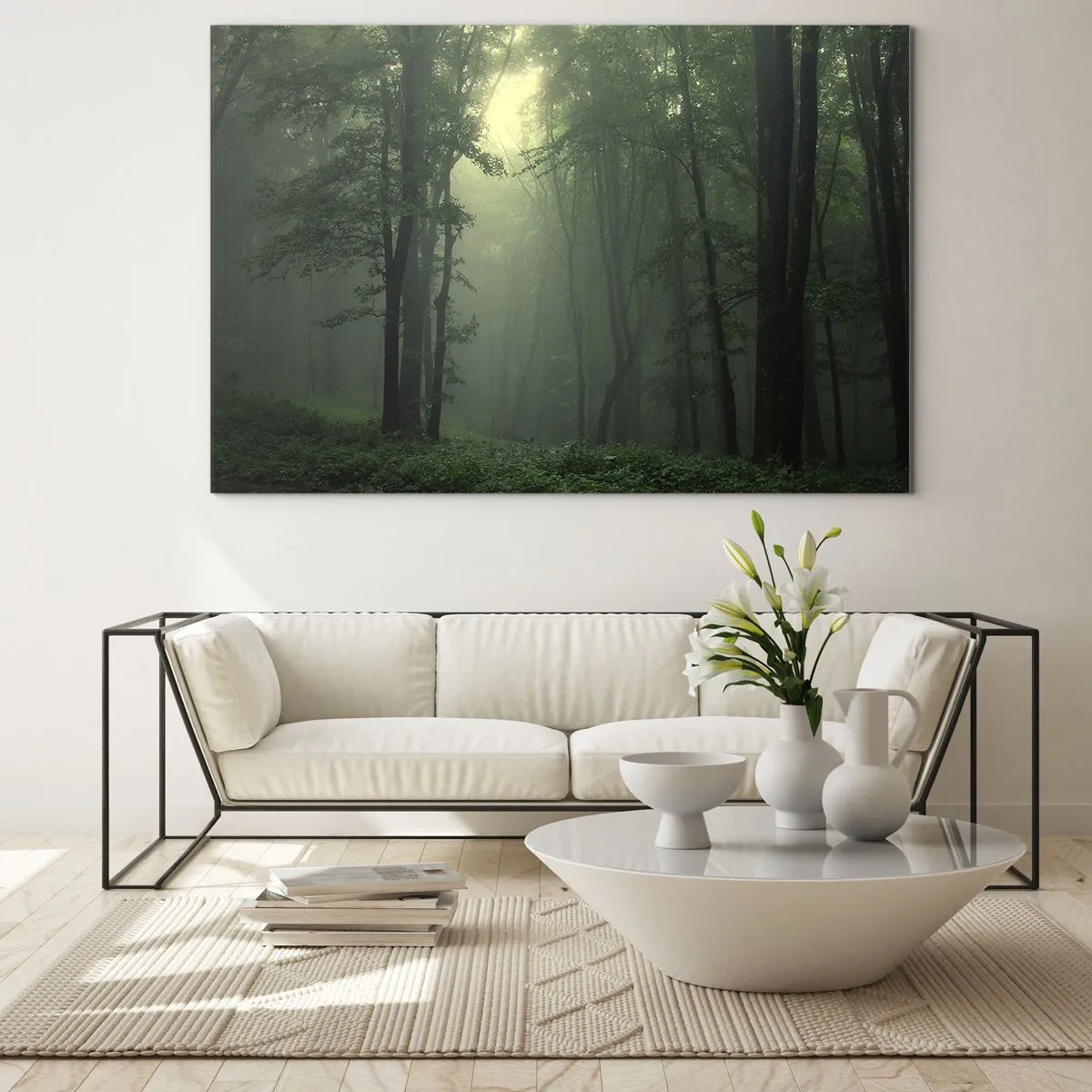 Impression sur verre - Image sur verre - Une forêt sombre enveloppée de brouillard avec des rayons de lumière - 70x50cm - Avant qu'il ne se réveille - Décoration murale moderne pour le salon et la chambre ARTTOR