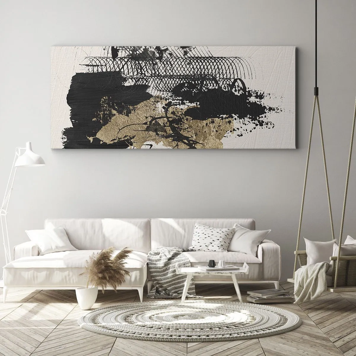 Impression sur toile - Image sur toile - Une peinture abstraite en noir et or avec des lignes et des structures dynamiques. - 160x50cm - Composer avec passion - Décoration murale moderne pour le salon et la chambre ARTTOR