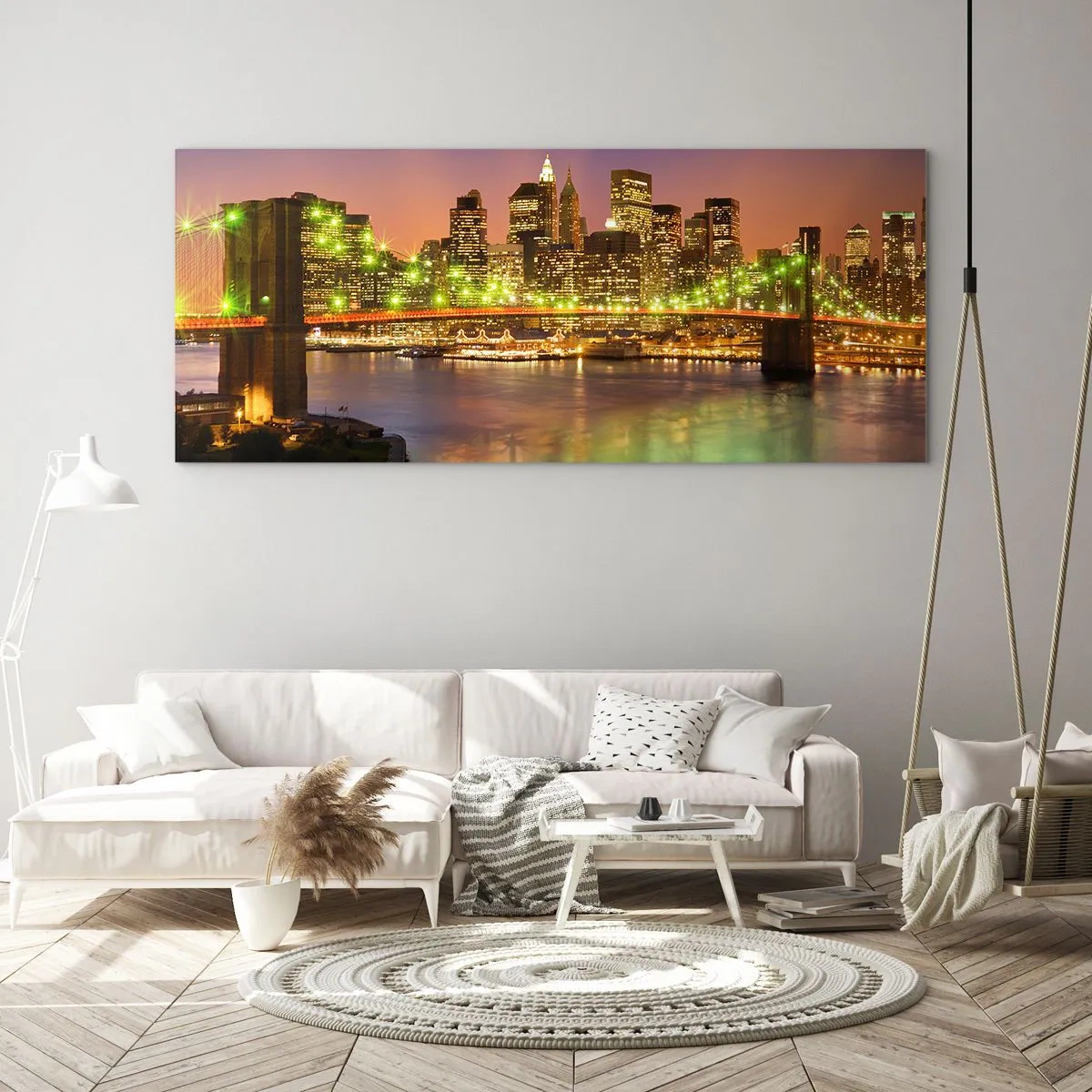 Impression sur verre - Image sur verre - Pont illuminé dans une ville moderne la nuit - 120x50cm - Ici la lumière ne s'éteint jamais - Décoration murale moderne pour le salon et la chambre ARTTOR