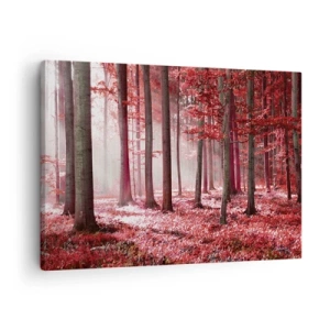 Impression sur toile - Image sur toile - Une forêt époustouflante aux teintes rouges avec des rayons de lumière pénétrant à travers les arbres - 70x50cm - Le rouge est tout aussi beau - Décoration murale moderne pour le salon et la chambre ARTTOR