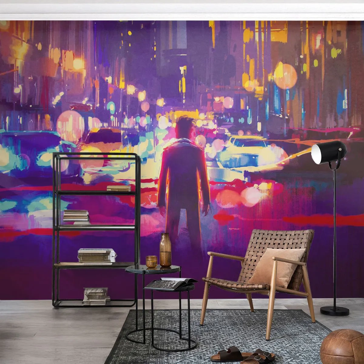 Papier Peint Photo Premium Sand - Silhouette d'un homme dans les néons de la ville la nuit - 100x70cm - Immergé dans la lumière - Décoration murale moderne pour le salon et la chambre ARTTOR
