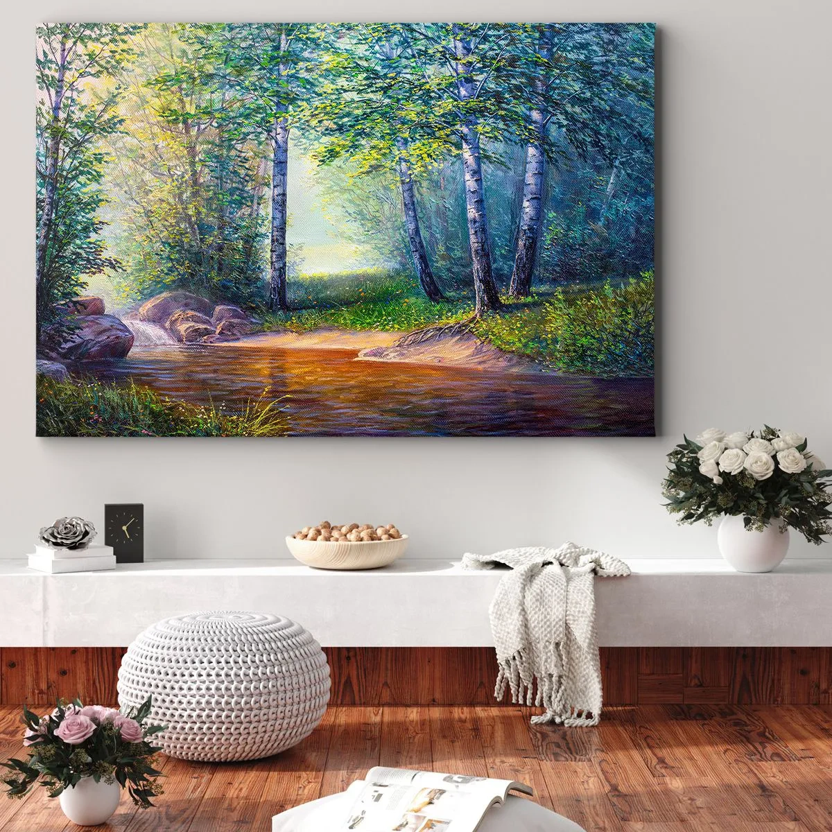 Impression sur toile - Image sur toile - Un ruisseau forestier entouré de bouleaux et de soleil - 70x50cm - Paysage idyllique - Décoration murale moderne pour le salon et la chambre ARTTOR