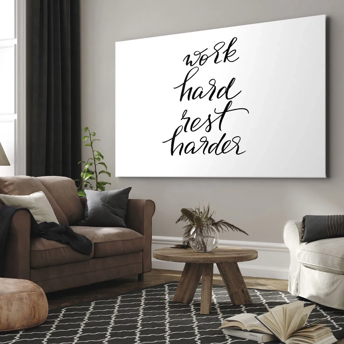 Impression sur toile - Image sur toile - Citation « Travaillez dur, reposez-vous plus dur » sur fond blanc - 100x70cm - Équilibre de vie - Décoration murale moderne pour le salon et la chambre ARTTOR