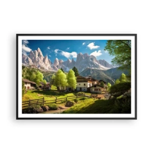 Affiche dans un cadre noir - Poster - Un village de montagne avec des maisons et une vue sur les Alpes - 100x70cm - Idylle alpine - Décoration murale moderne pour le salon et la chambre ARTTOR