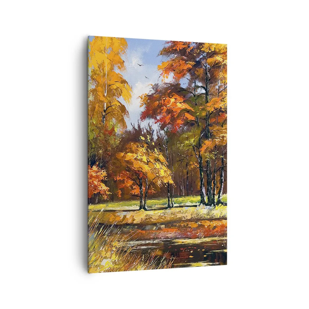 Impression sur toile - Image sur toile - Paysage d'automne avec des arbres colorés et un étang - 80x120cm - Paysage en or et bronze - Décoration murale moderne pour le salon et la chambre ARTTOR