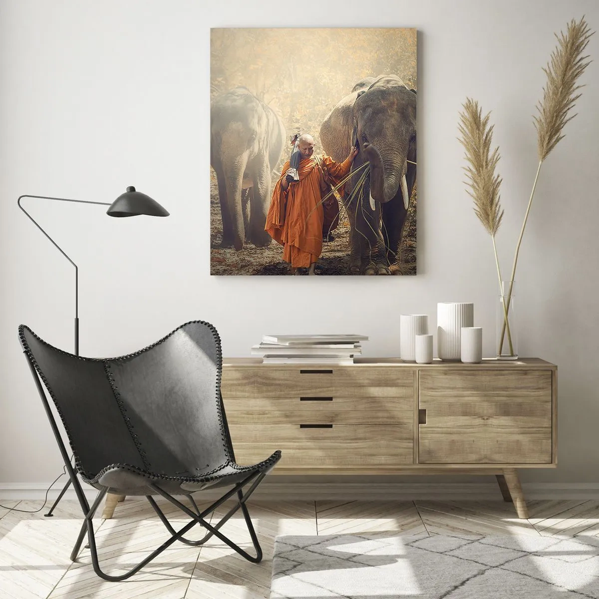 Impression sur verre - Image sur verre - Un moine en robe orange conduit un éléphant dans la forêt. - 70x100cm - Compréhension totale - Décoration murale moderne pour le salon et la chambre ARTTOR