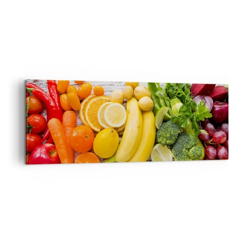 Impression sur toile - Image sur toile - Fruits et légumes colorés sur fond de bois - 140x50cm - Ce n'est pas suffisant? - Décoration murale moderne pour le salon et la chambre ARTTOR