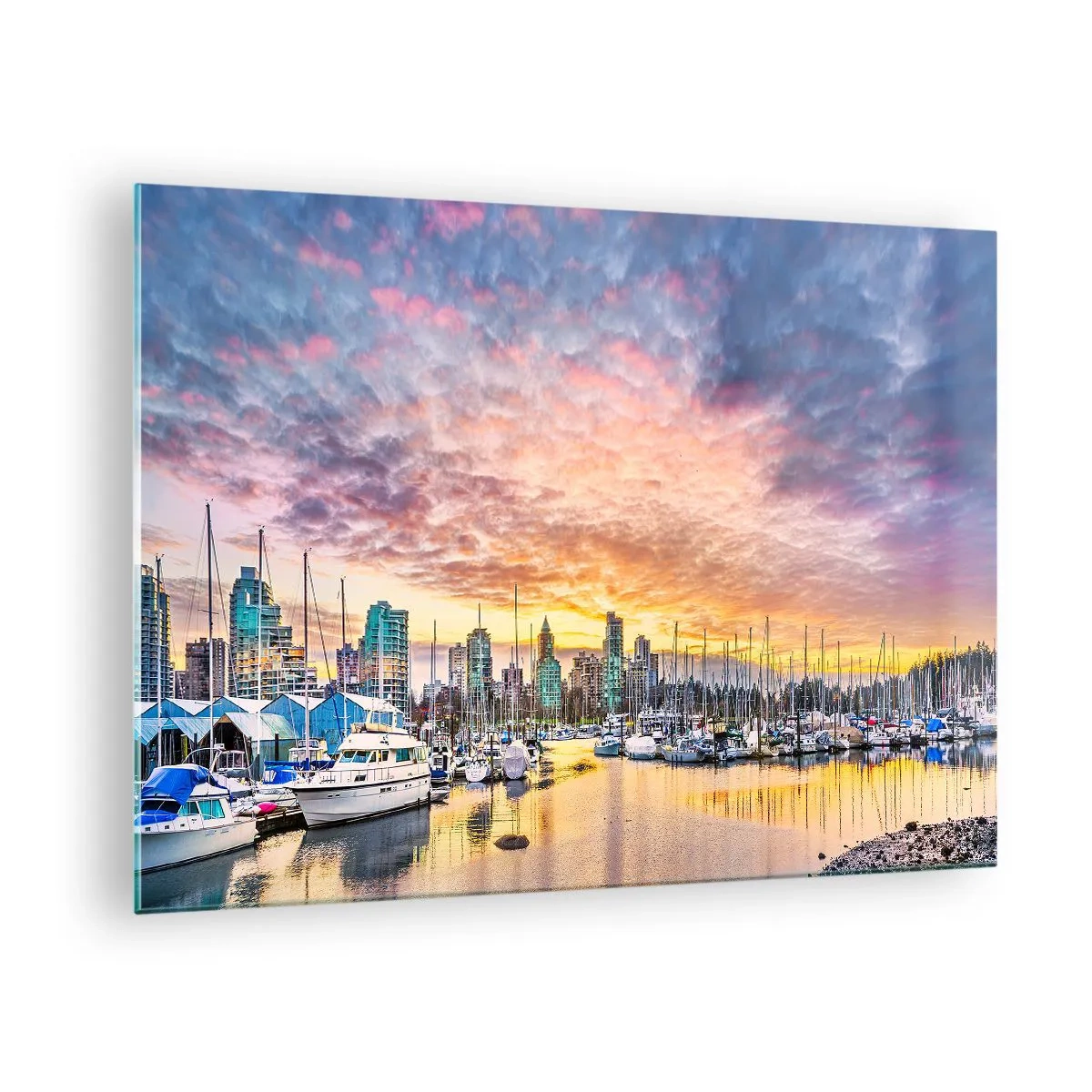 Impression sur verre - Image sur verre - Coucher de soleil sur la marina avec bateaux et gratte-ciels - 70x50cm - La cité aux mille marins - Décoration murale moderne pour le salon et la chambre ARTTOR
