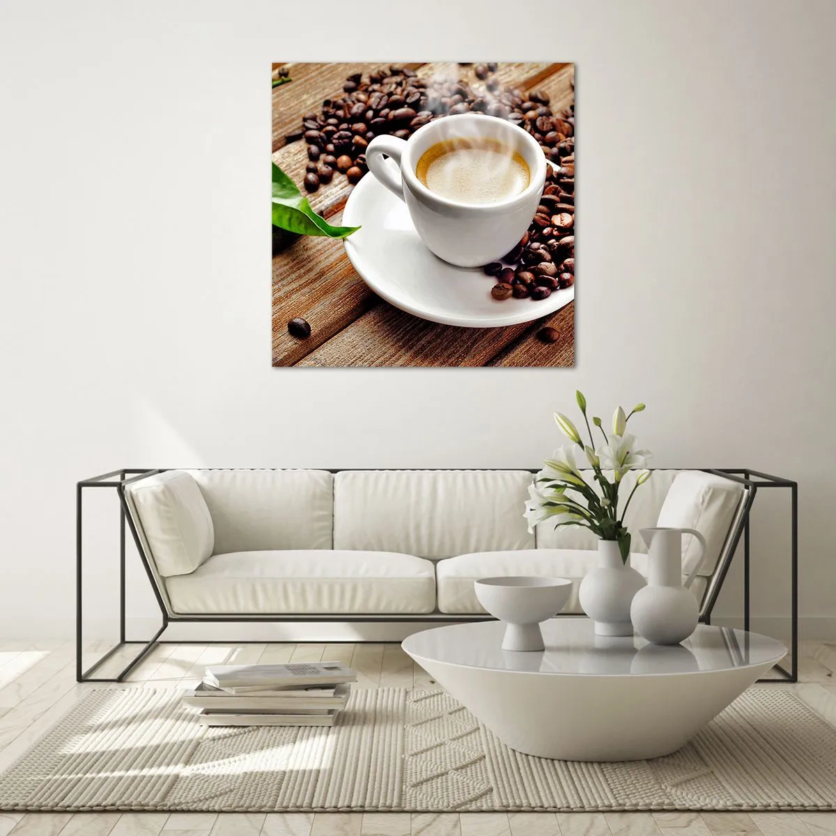 Impression sur verre - Image sur verre - Café sur un banc - 70x70 cm