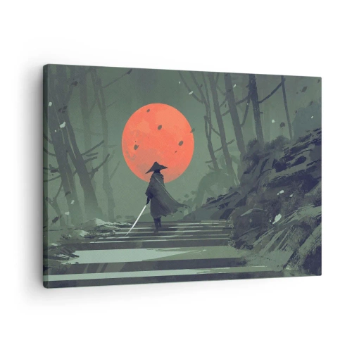 Impression sur toile - Image sur toile - Un guerrier solitaire avec une épée sur fond de lune rouge dans une forêt sombre. - 70x50cm - Guerrier de la lune rouge - Décoration murale moderne pour le salon et la chambre ARTTOR