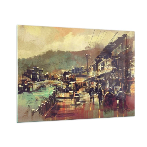 Impression sur verre - Image sur verre - Un paysage de rue dans un style pictural avec un motif de pont et de canal. - 100x70cm - La vie comme une richesse de gris - Décoration murale moderne pour le salon et la chambre ARTTOR