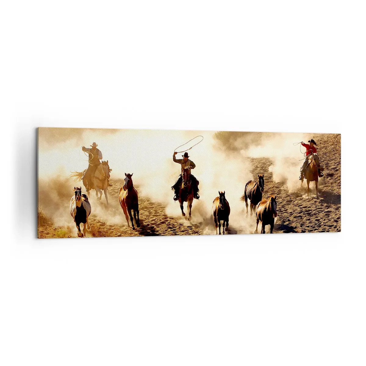 Impression sur toile - Image sur toile - Cowboys à cheval en action sur un terrain désertique - 160x50cm - L'ouest vraiment sauvage - Décoration murale moderne pour le salon et la chambre ARTTOR
