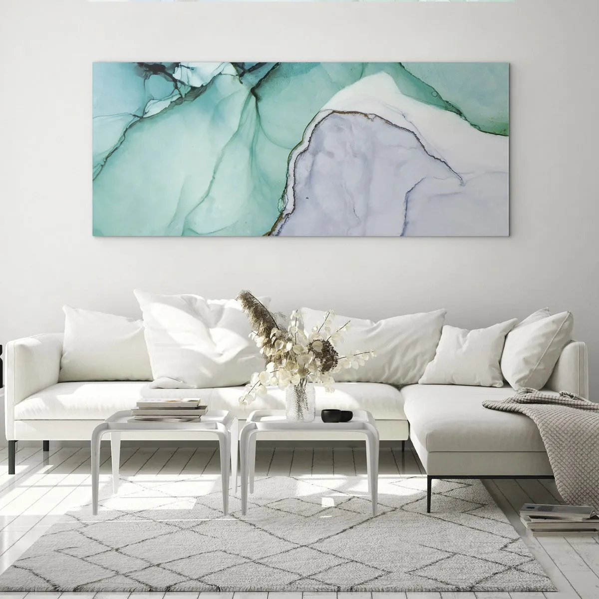 Impression sur verre - Image sur verre - Motif abstrait dans les tons turquoise et blanc - 160x50cm - Étude de turquoise - Décoration murale moderne pour le salon et la chambre ARTTOR