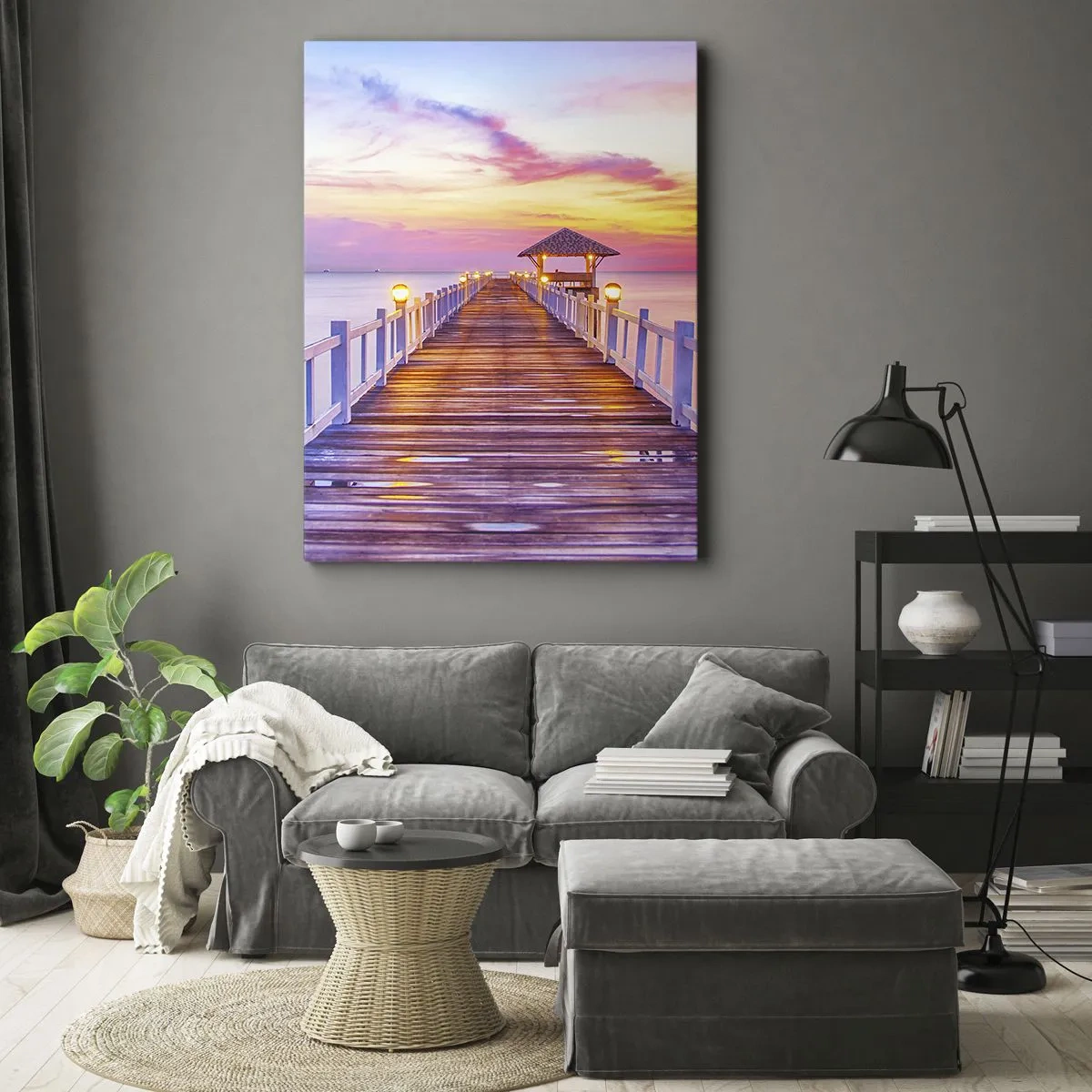 Impression sur toile - Image sur toile - Une jetée sur l'eau au coucher du soleil aux couleurs pastel - 70x100cm - Le silence lilas-doré du soir - Décoration murale moderne pour le salon et la chambre ARTTOR