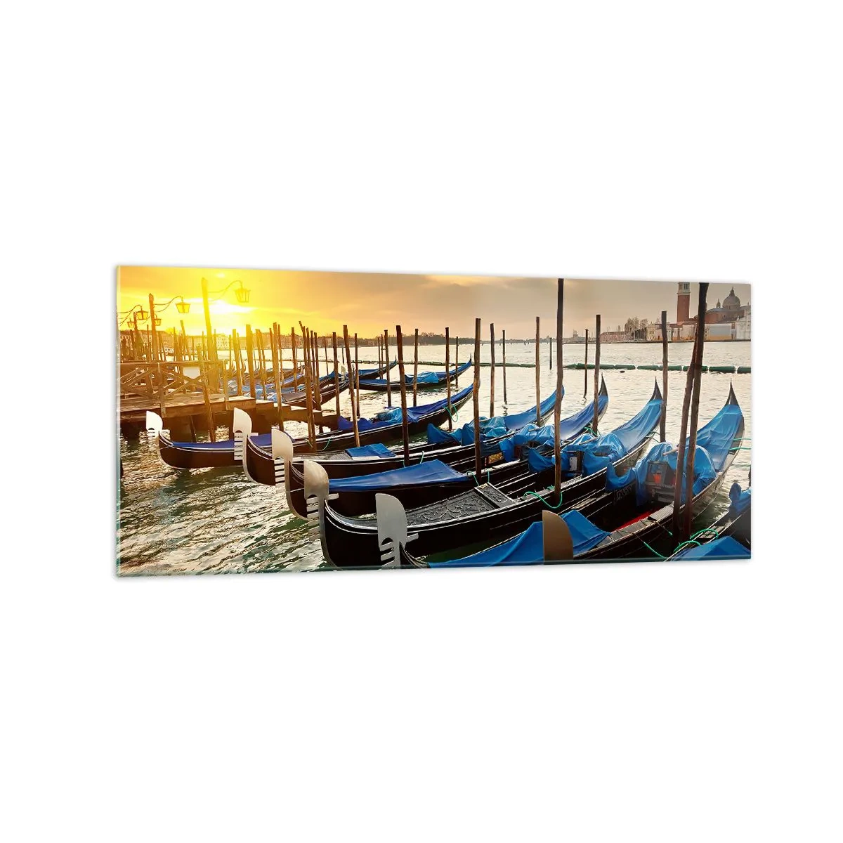 Impression sur verre - Image sur verre - Gondoles à Venise le matin à la lumière du soleil levant - 120x50cm - Avant que le vacarme n'arrive - Décoration murale moderne pour le salon et la chambre ARTTOR