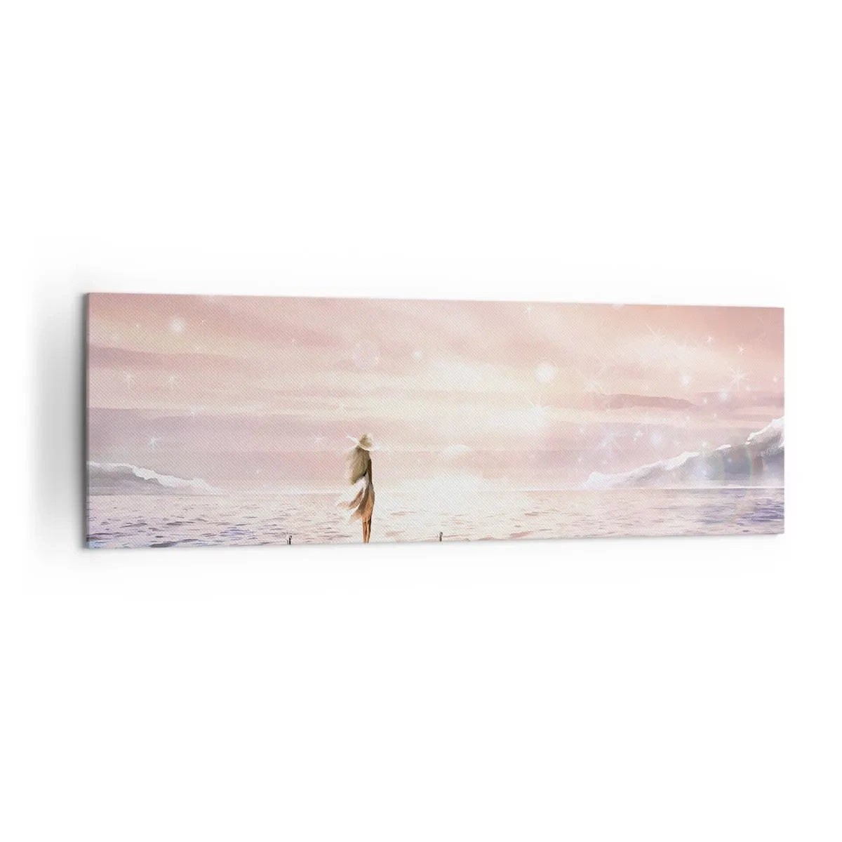 Impression sur toile - Image sur toile - Une femme sur une jetée dans un décor de coucher de soleil magique - 160x50cm - A la lumière d'un rêve - Décoration murale moderne pour le salon et la chambre ARTTOR
