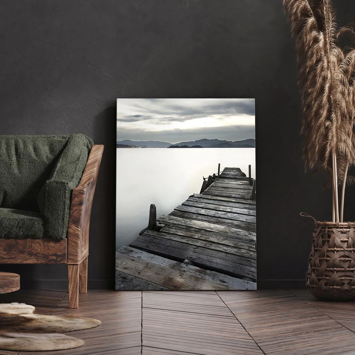 Impression sur toile - Image sur toile - Un pont en bois menant vers un lac tranquille - 70x100cm - Immergez-vous dans la paix - Décoration murale moderne pour le salon et la chambre ARTTOR