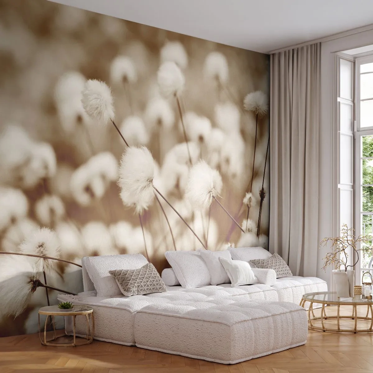 Papier Peint Photo Premium Sand - Gros plan de graines d'herbe duveteuse en sépia - 100x70cm - Tige moelleuse - Décoration murale moderne pour le salon et la chambre ARTTOR